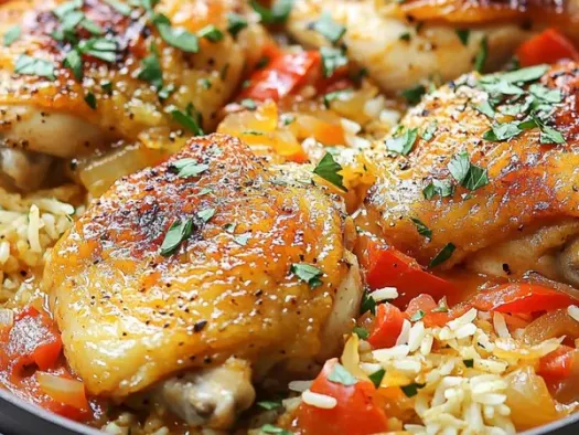 Запечені курячі стегенця з рисом та овочами