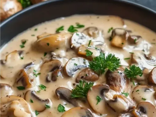 Фото: Тушковані печериці у сметані з цибулею
