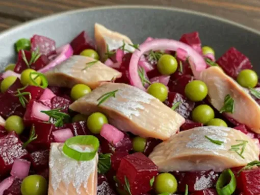 Фото: Салат з оселедцем, буряком та зеленим горошком